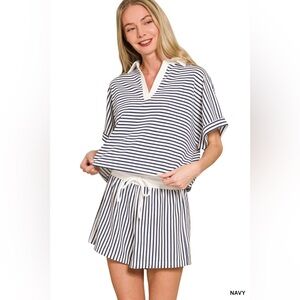NEW Zenana Striped Collared Top & Shorts Set